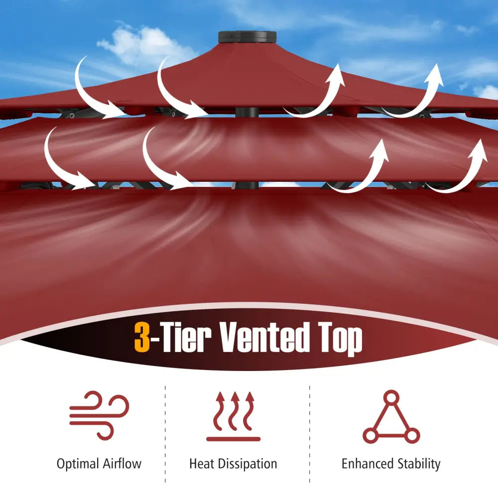 10 Feet Solar Patio Umbrella with 32 LED Lights 3-Tier Vented Top-Wine - Wine - Outdoor Umbrellas