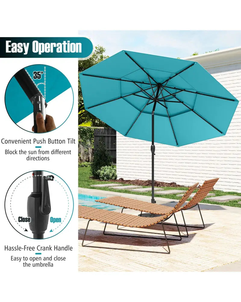 10 Feet Solar Patio Umbrella with 32 LED Lights 3-Tier Vented Top-Turquoise - Turquoise - Outdoor Umbrellas