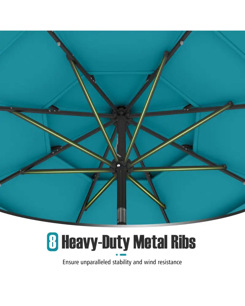10 Feet Solar Patio Umbrella with 32 LED Lights 3-Tier Vented Top-Turquoise - Turquoise - Outdoor Umbrellas