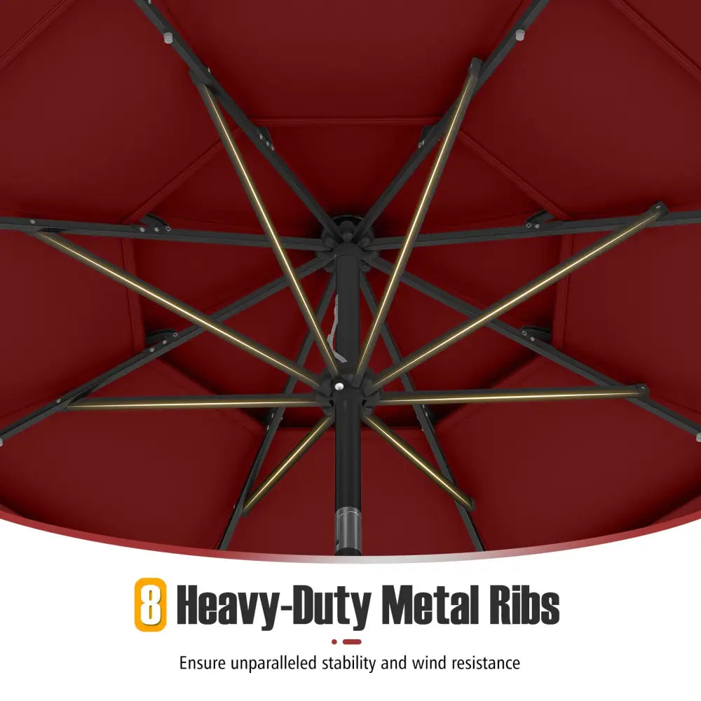 10 Feet Solar Patio Umbrella with 32 LED Lights 3-Tier Vented Top-Wine - Wine - Outdoor Umbrellas