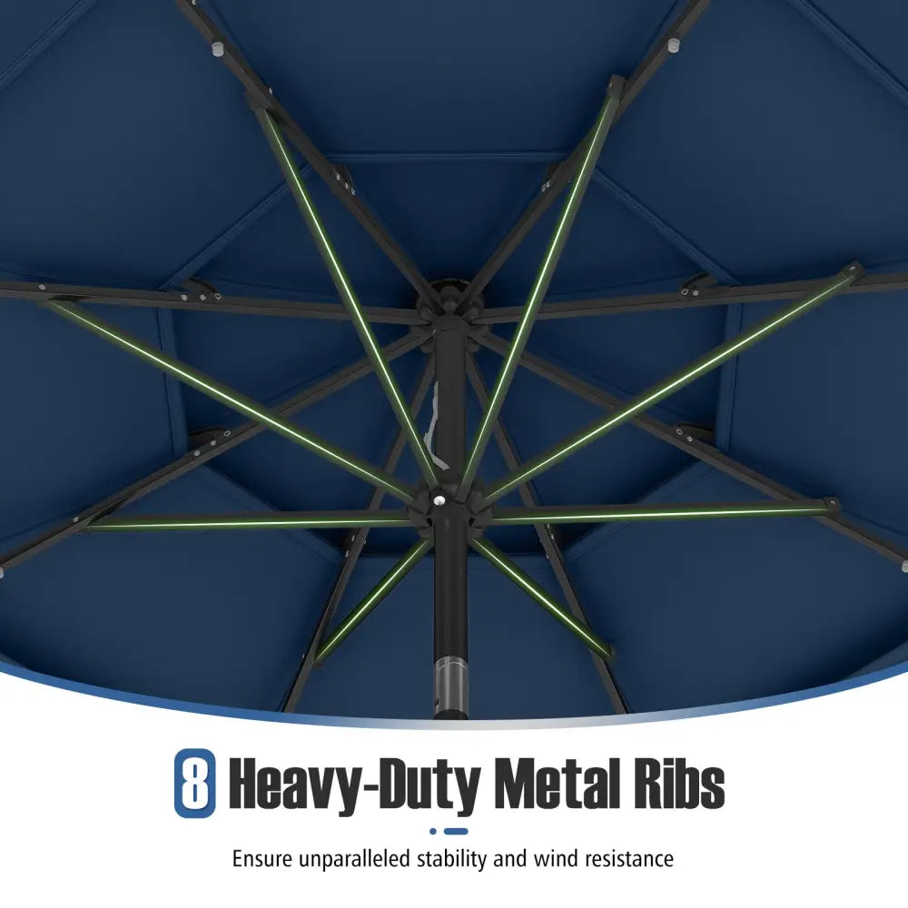 10 Feet Solar Patio Umbrella with 32 LED Lights 3-Tier Vented Top-Navy - Navy - Outdoor Umbrellas