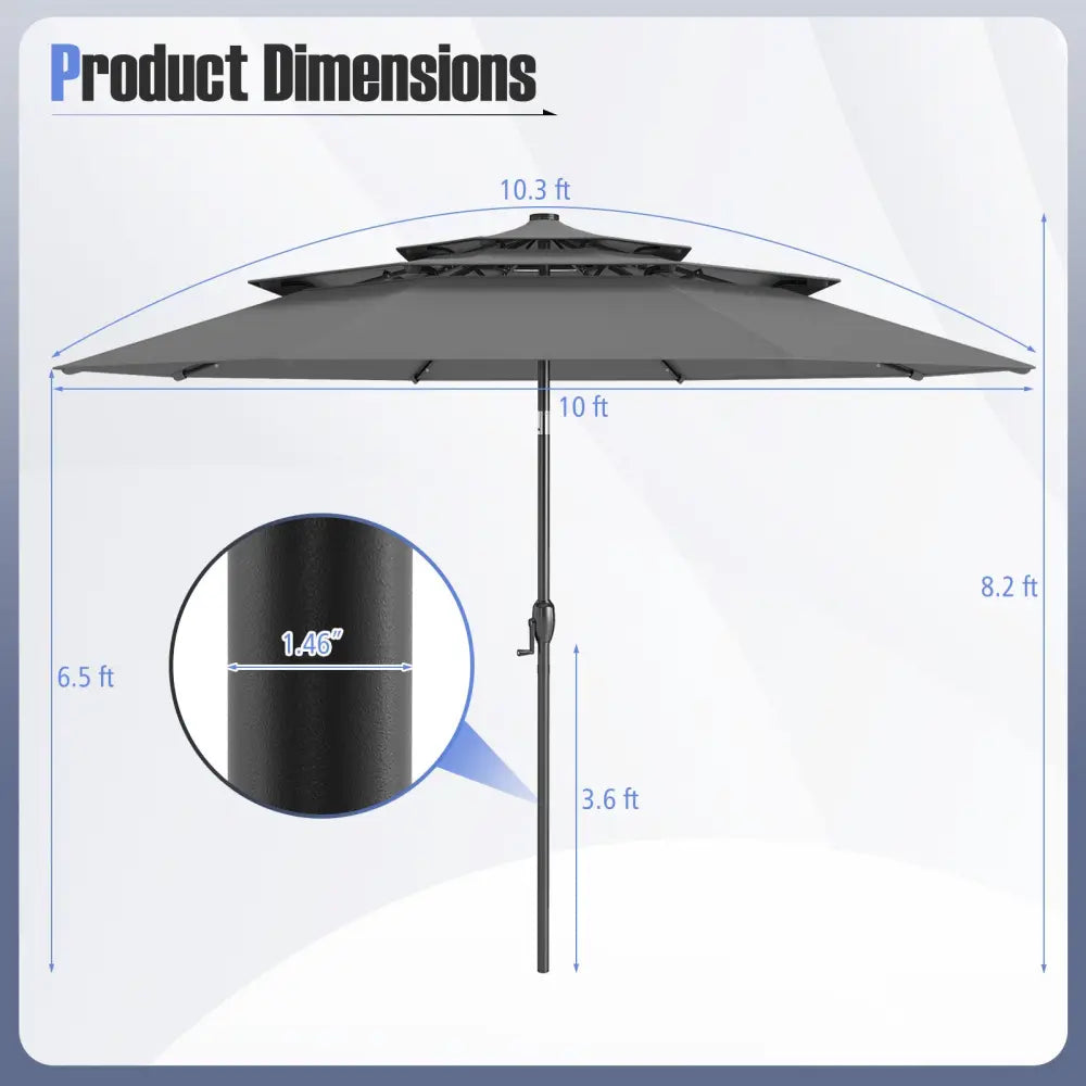 10 Feet Solar Patio Umbrella with 32 LED Lights 3-Tier Vented Top-Gray - Gray - Outdoor Umbrellas