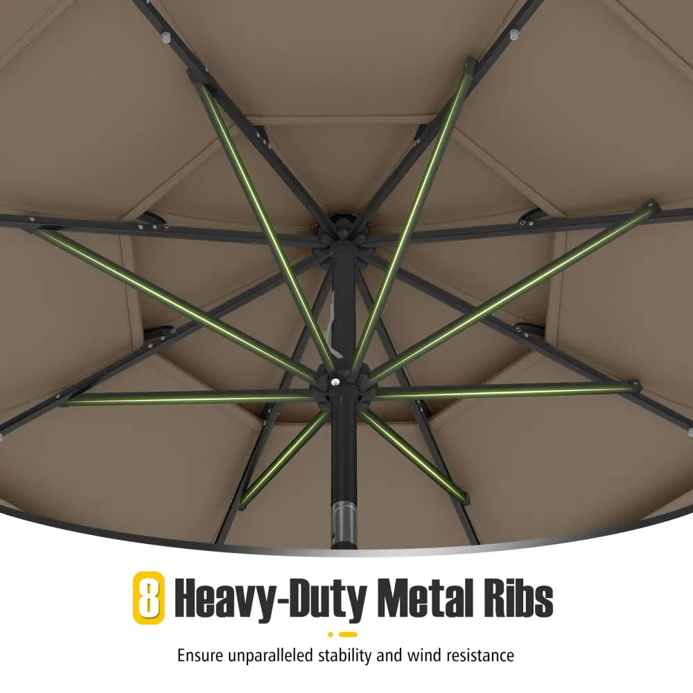 10 Feet Solar Patio Umbrella with 32 LED Lights 3-Tier Vented Top-Taupe - Taupe - Outdoor Umbrellas