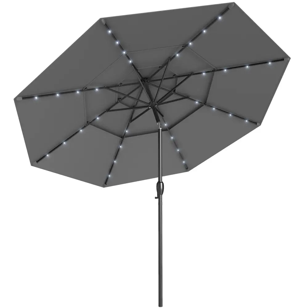 10 Feet Solar Patio Umbrella with 32 LED Lights 3-Tier Vented Top-Gray - Gray - Outdoor Umbrellas