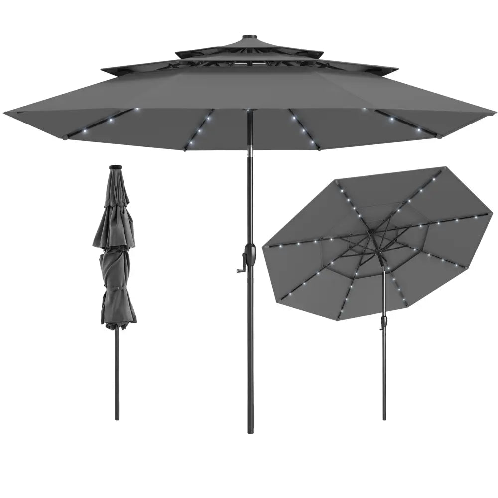 10 Feet Solar Patio Umbrella with 32 LED Lights 3-Tier Vented Top-Gray - Gray - Outdoor Umbrellas