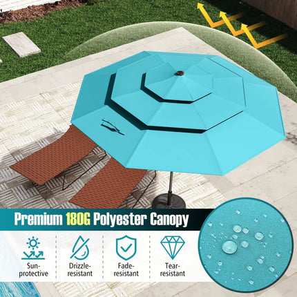 10 Feet Solar Patio Umbrella with 32 LED Lights 3-Tier Vented Top-Turquoise - Turquoise - Outdoor Umbrellas