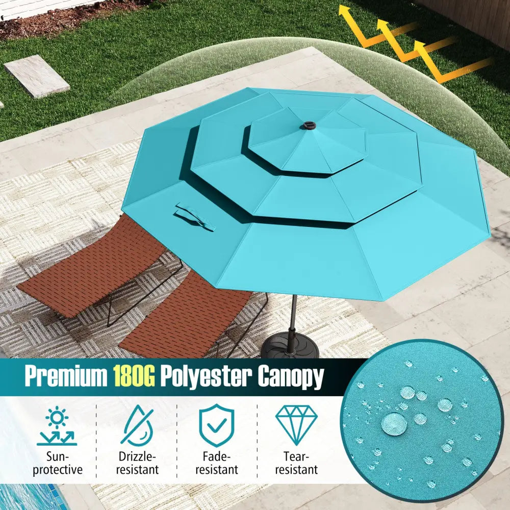 10 Feet Solar Patio Umbrella with 32 LED Lights 3-Tier Vented Top-Turquoise - Turquoise - Outdoor Umbrellas