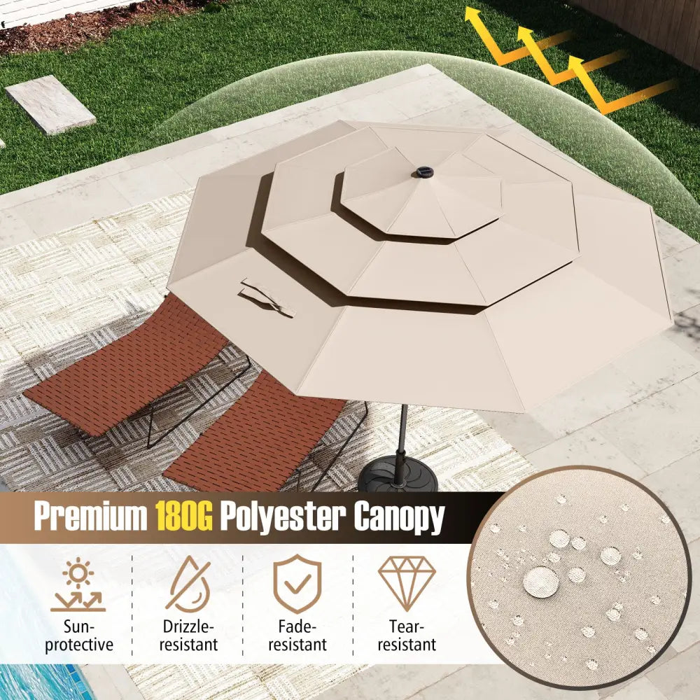 10 Feet Solar Patio Umbrella with 32 LED Lights 3-Tier Vented Top-Beige - Beige - Outdoor Umbrellas