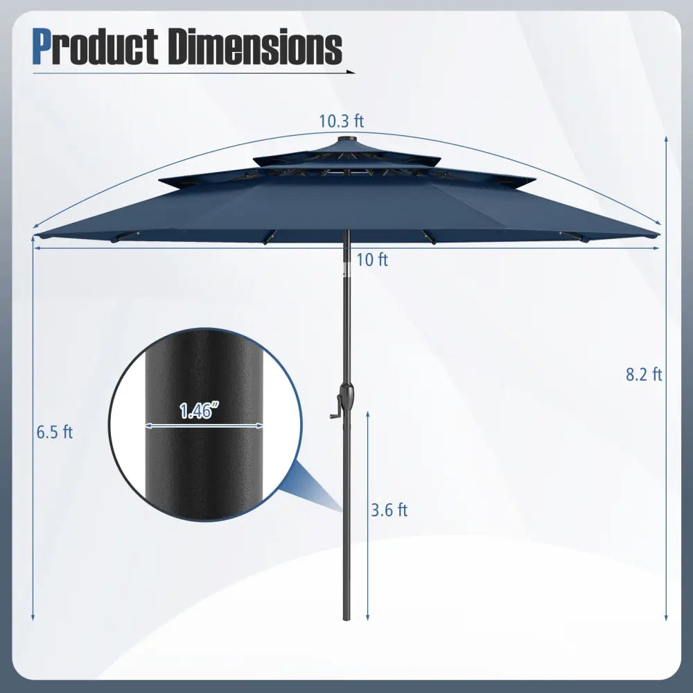 10 Feet Solar Patio Umbrella with 32 LED Lights 3-Tier Vented Top-Navy - Navy - Outdoor Umbrellas