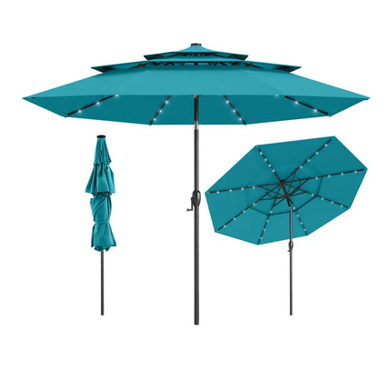 10 Feet Solar Patio Umbrella with 32 LED Lights 3-Tier Vented Top-Turquoise - Turquoise - Outdoor Umbrellas