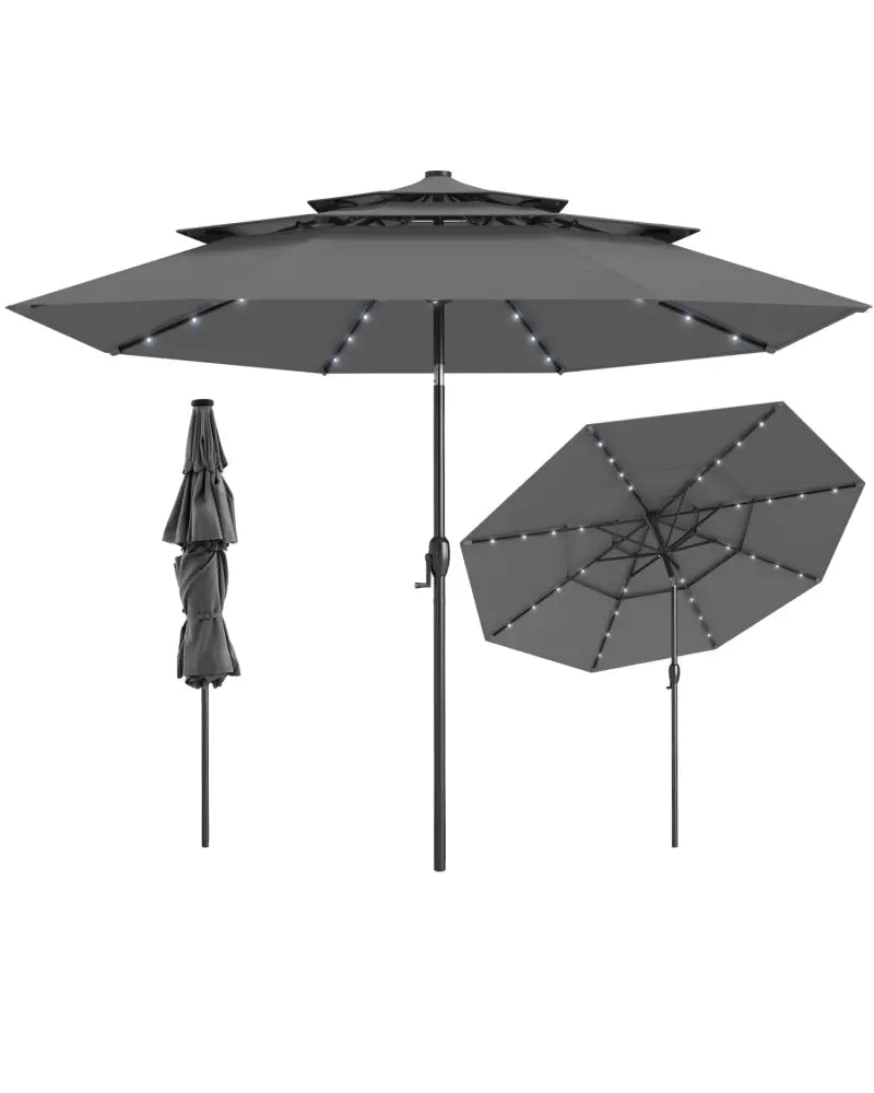 10 Feet Solar Patio Umbrella with 32 LED Lights 3-Tier Vented Top-Gray - Gray - Outdoor Umbrellas