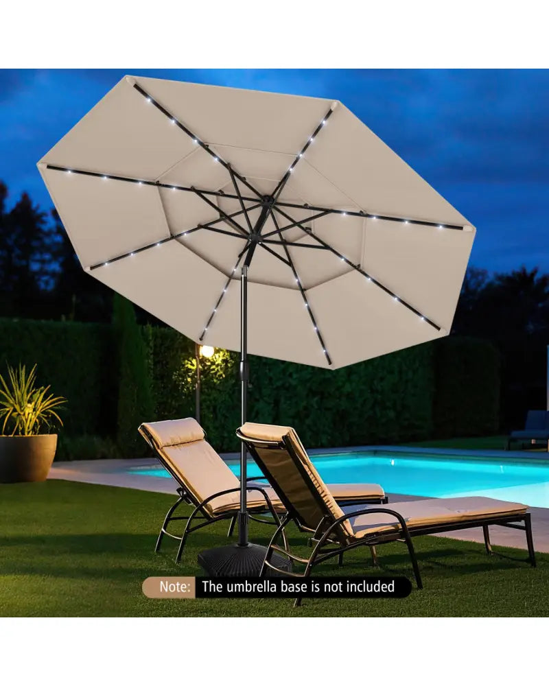 10 Feet Solar Patio Umbrella with 32 LED Lights 3-Tier Vented Top-Beige - Beige - Outdoor Umbrellas