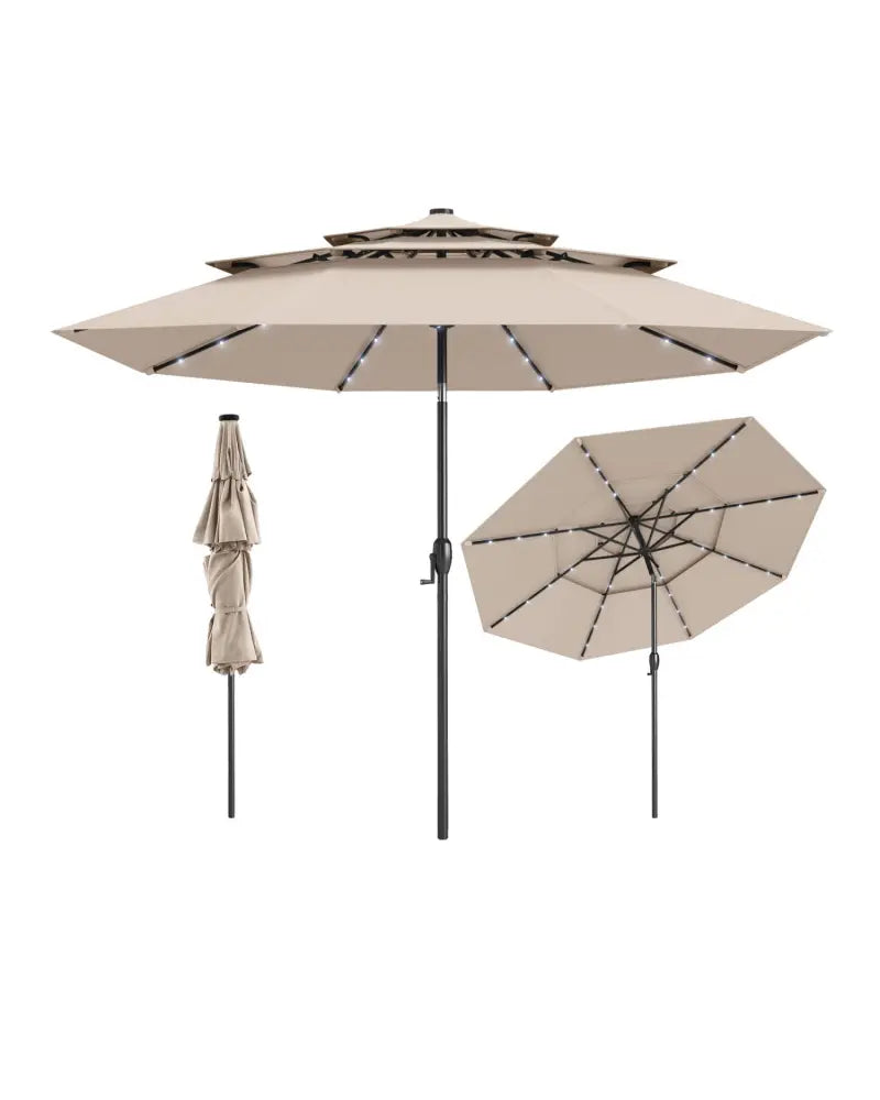 10 Feet Solar Patio Umbrella with 32 LED Lights 3-Tier Vented Top-Beige - Beige - Outdoor Umbrellas