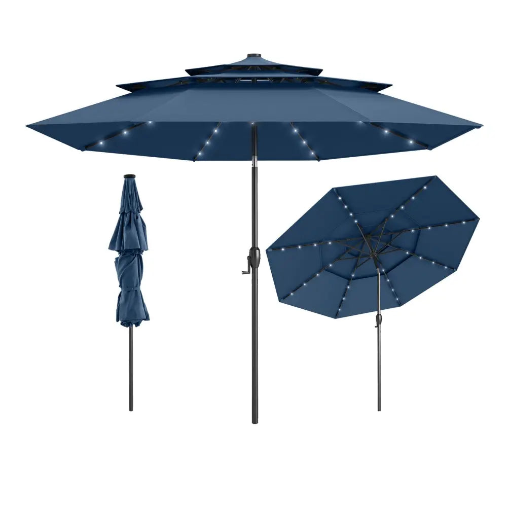 10 Feet Solar Patio Umbrella with 32 LED Lights 3-Tier Vented Top-Navy - Navy - Outdoor Umbrellas