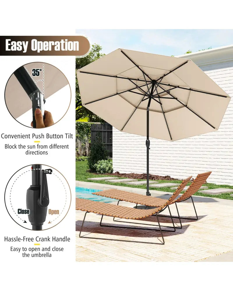 10 Feet Solar Patio Umbrella with 32 LED Lights 3-Tier Vented Top-Beige - Beige - Outdoor Umbrellas