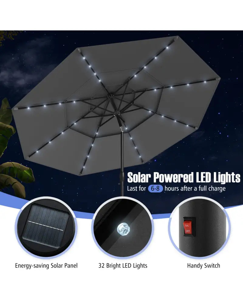 10 Feet Solar Patio Umbrella with 32 LED Lights 3-Tier Vented Top-Gray - Gray - Outdoor Umbrellas