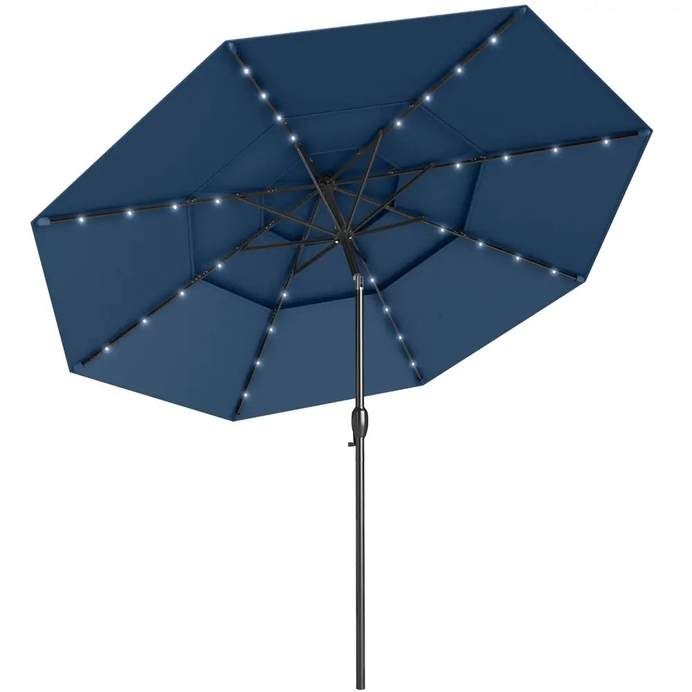 10 Feet Solar Patio Umbrella with 32 LED Lights 3-Tier Vented Top-Navy - Navy - Outdoor Umbrellas
