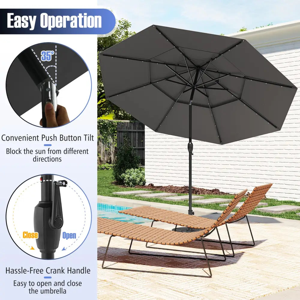10 Feet Solar Patio Umbrella with 32 LED Lights 3-Tier Vented Top-Gray - Gray - Outdoor Umbrellas