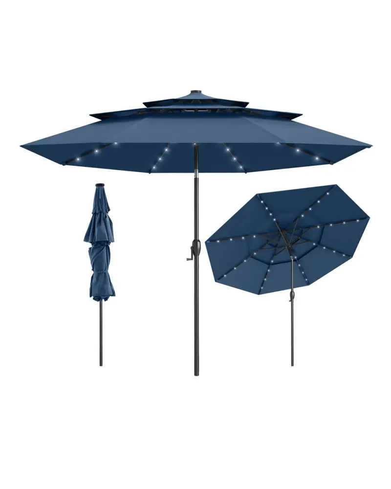 10 Feet Solar Patio Umbrella with 32 LED Lights 3-Tier Vented Top-Navy - Navy - Outdoor Umbrellas