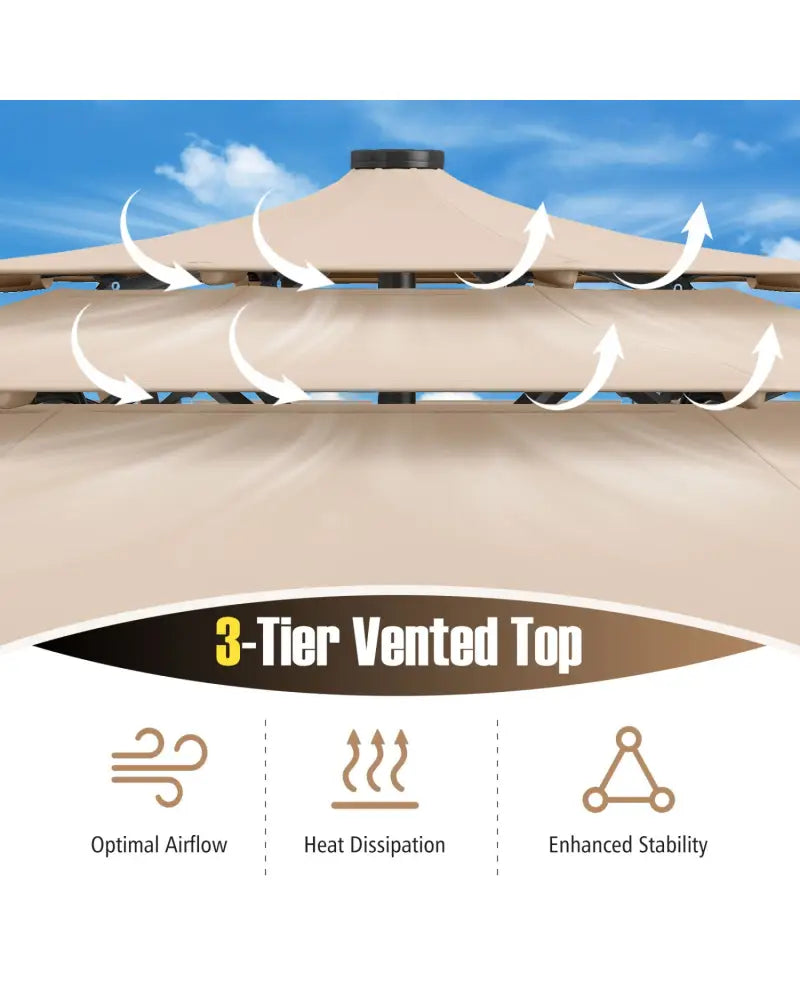 10 Feet Solar Patio Umbrella with 32 LED Lights 3-Tier Vented Top-Beige - Beige - Outdoor Umbrellas