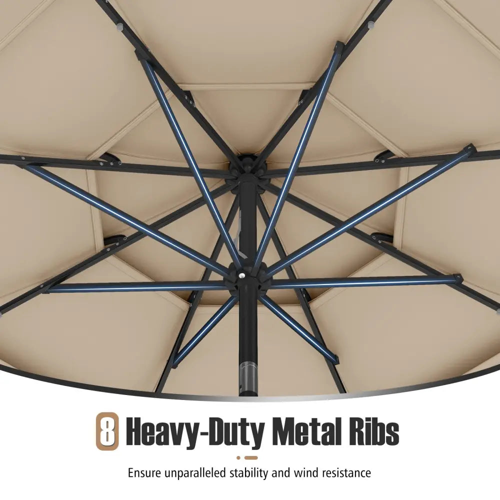 10 Feet Solar Patio Umbrella with 32 LED Lights 3-Tier Vented Top-Beige - Beige - Outdoor Umbrellas