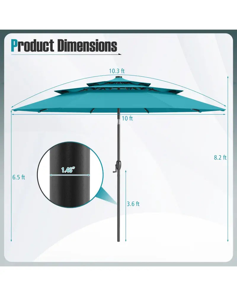 10 Feet Solar Patio Umbrella with 32 LED Lights 3-Tier Vented Top-Turquoise - Turquoise - Outdoor Umbrellas