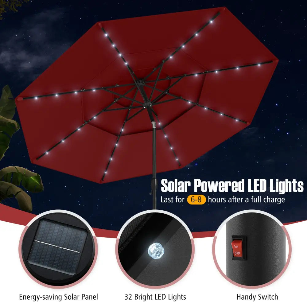 10 Feet Solar Patio Umbrella with 32 LED Lights 3-Tier Vented Top-Wine - Wine - Outdoor Umbrellas