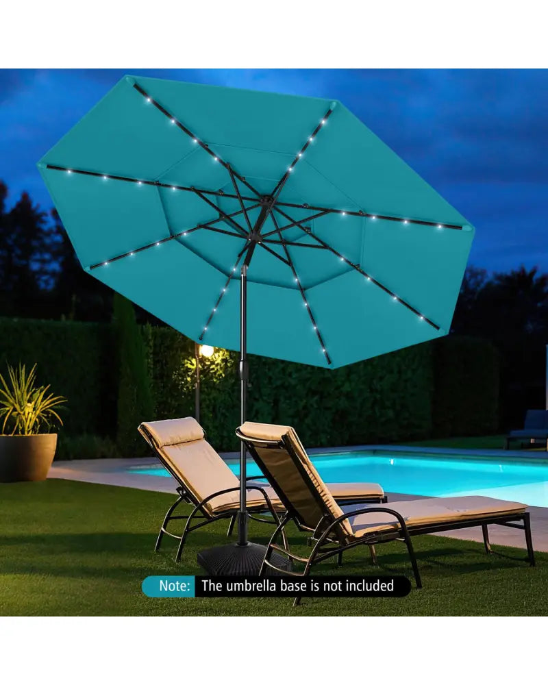 10 Feet Solar Patio Umbrella with 32 LED Lights 3-Tier Vented Top-Turquoise - Turquoise - Outdoor Umbrellas