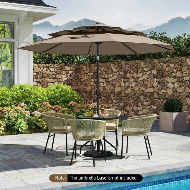10 Feet Solar Patio Umbrella with 32 LED Lights 3-Tier Vented Top-Taupe - Taupe - Outdoor Umbrellas