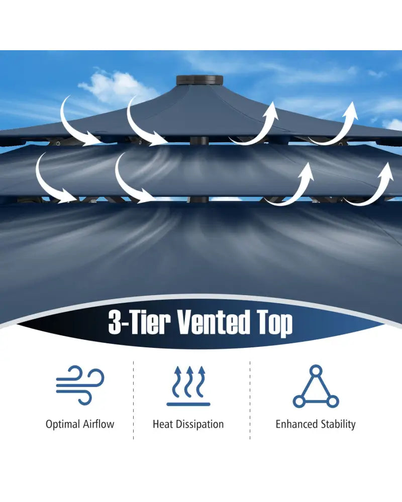 10 Feet Solar Patio Umbrella with 32 LED Lights 3-Tier Vented Top-Navy - Navy - Outdoor Umbrellas