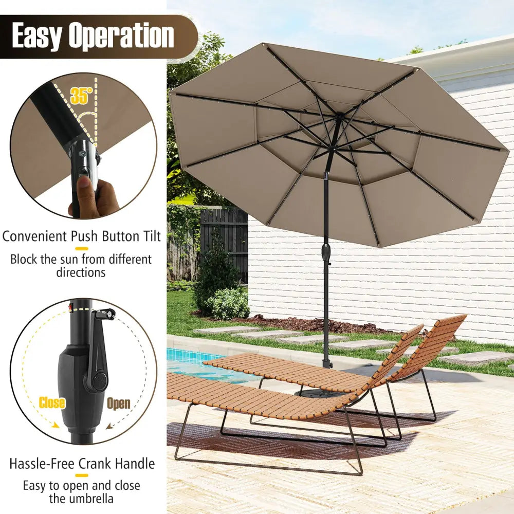 10 Feet Solar Patio Umbrella with 32 LED Lights 3-Tier Vented Top-Taupe - Taupe - Outdoor Umbrellas