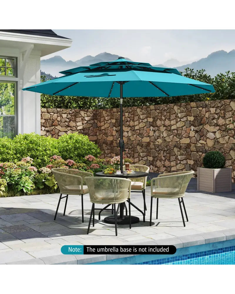 10 Feet Solar Patio Umbrella with 32 LED Lights 3-Tier Vented Top-Turquoise - Turquoise - Outdoor Umbrellas