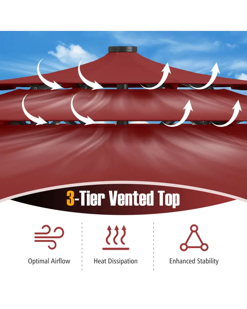 10 Feet Solar Patio Umbrella with 32 LED Lights 3-Tier Vented Top-Wine - Wine - Outdoor Umbrellas