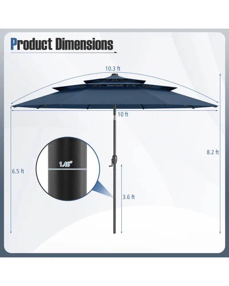 10 Feet Solar Patio Umbrella with 32 LED Lights 3-Tier Vented Top-Navy - Navy - Outdoor Umbrellas