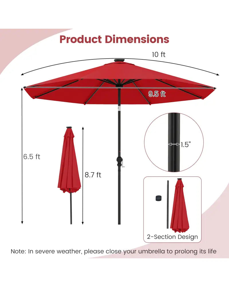10 Feet Solar Patio Umbrella with 96 Multi-Colored Flowing LED Lights and Tilt Adjustment-Red - Red - Outdoor Umbrellas