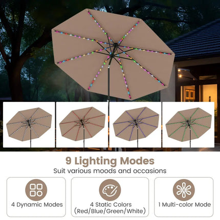 10 Feet Solar Patio Umbrella with 96 Multi-Colored Flowing LED Lights and Tilt Adjustment-Coffee - Coffee - Outdoor