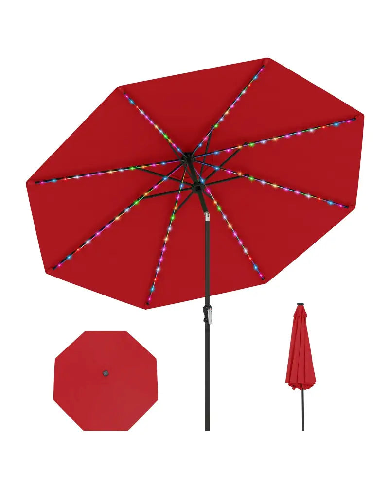 10 Feet Solar Patio Umbrella with 96 Multi-Colored Flowing LED Lights and Tilt Adjustment-Red - Red - Outdoor Umbrellas
