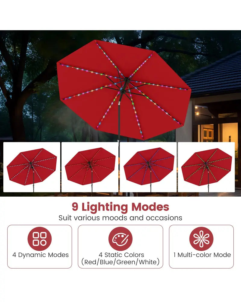 10 Feet Solar Patio Umbrella with 96 Multi-Colored Flowing LED Lights and Tilt Adjustment-Red - Red - Outdoor Umbrellas