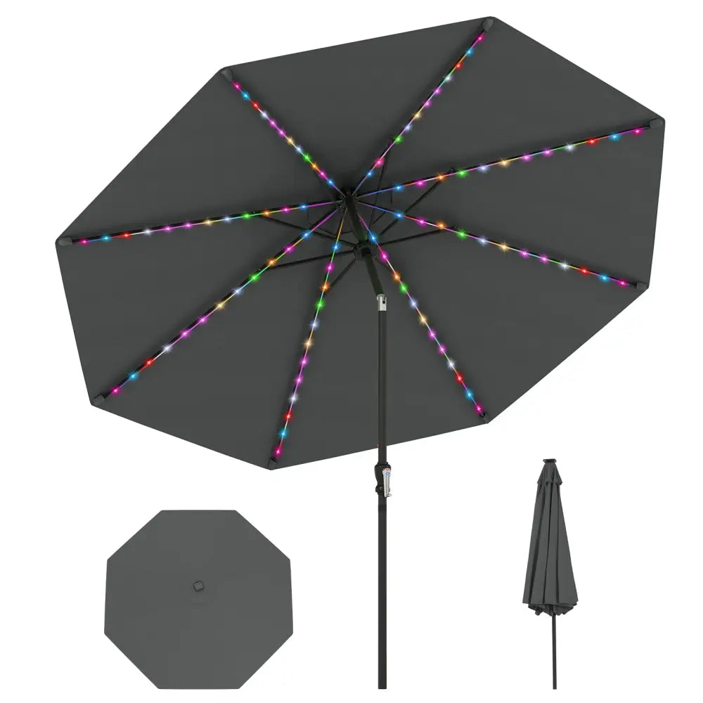 10 Feet Solar Patio Umbrella with 96 Multi-Colored Flowing LED Lights and Tilt Adjustment-Gray - Gray - Outdoor