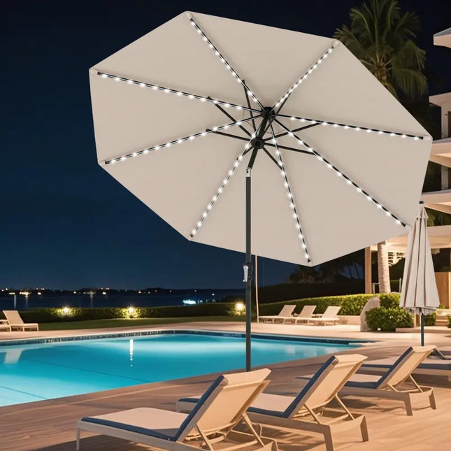 10 Feet Solar Patio Umbrella with 96 Multi-Colored Flowing LED Lights and Tilt Adjustment-Beige - Beige - Outdoor