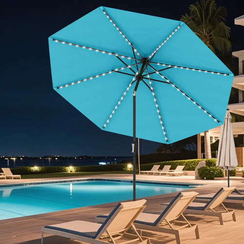 10 Feet Solar Patio Umbrella with 96 Multi-Colored Flowing LED Lights and Tilt Adjustment-Turquoise - Turquoise