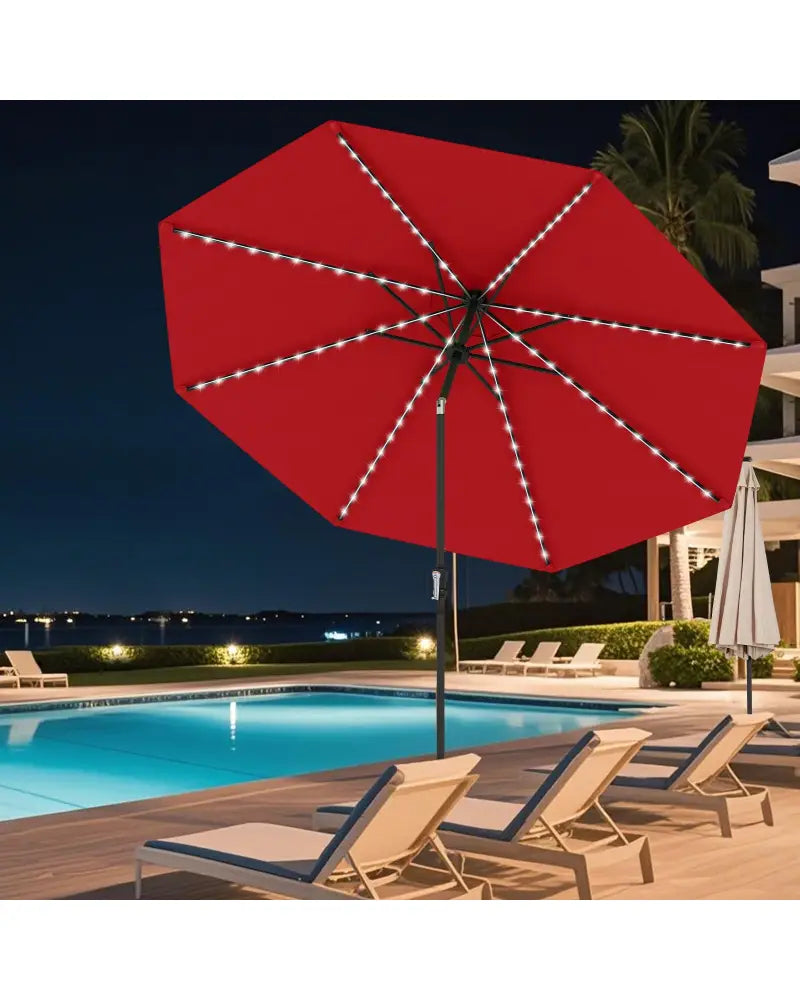 10 Feet Solar Patio Umbrella with 96 Multi-Colored Flowing LED Lights and Tilt Adjustment-Red - Red - Outdoor Umbrellas