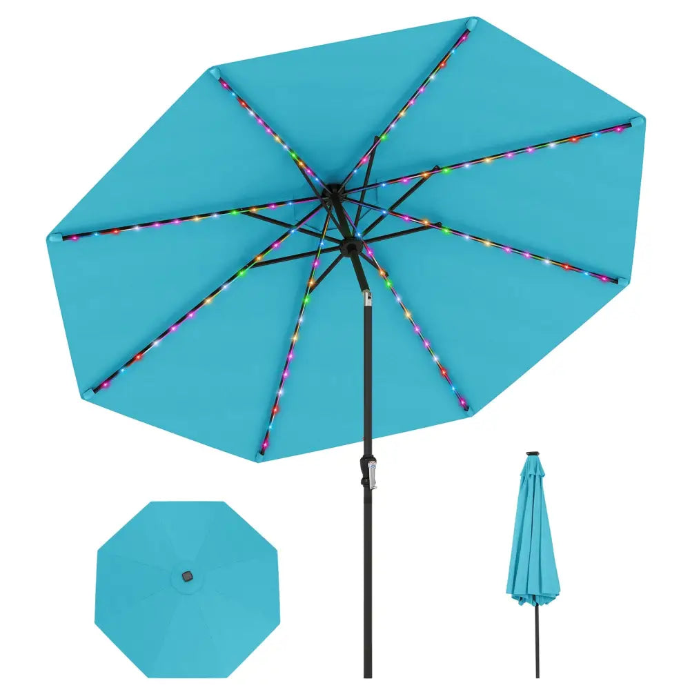 10 Feet Solar Patio Umbrella with 96 Multi-Colored Flowing LED Lights and Tilt Adjustment-Turquoise - Turquoise