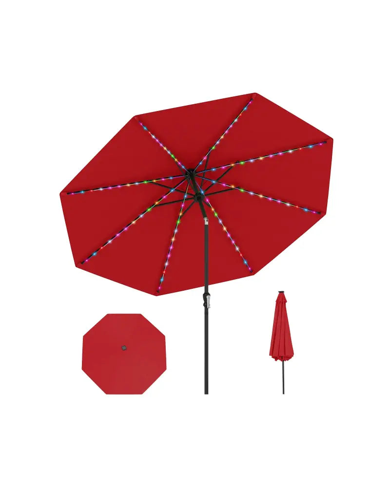 10 Feet Solar Patio Umbrella with 96 Multi-Colored Flowing LED Lights and Tilt Adjustment-Red - Red - Outdoor Umbrellas