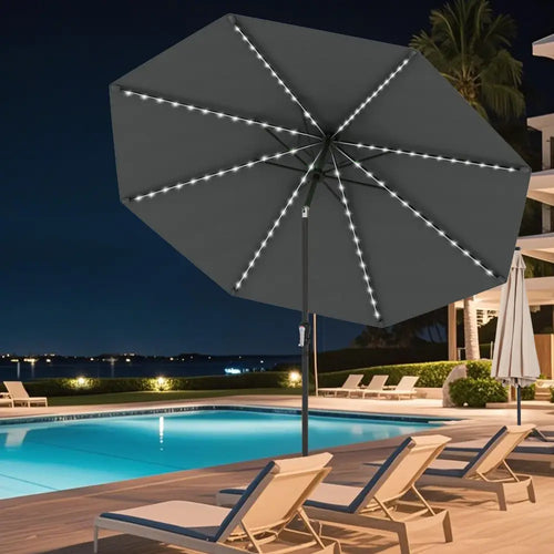 10 Feet Solar Patio Umbrella with 96 Multi-Colored Flowing LED Lights and Tilt Adjustment-Gray - Gray - Outdoor