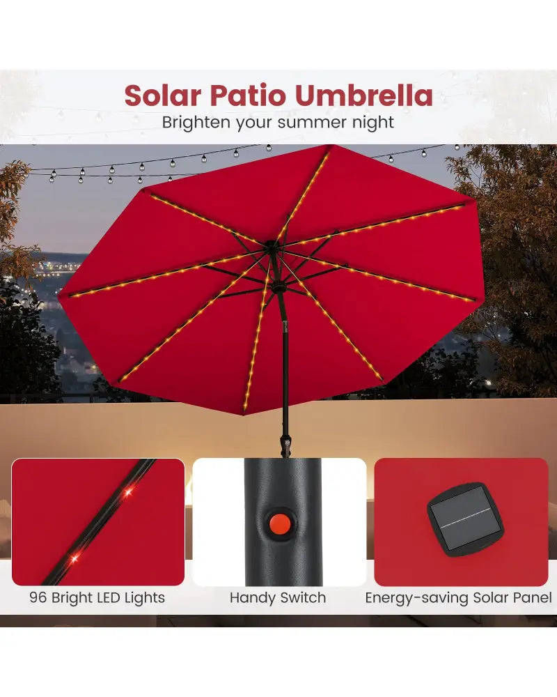 10 Feet Solar Patio Umbrella with 96 Multi-Colored Flowing LED Lights and Tilt Adjustment-Red - Red - Outdoor Umbrellas