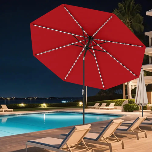 10 Feet Solar Patio Umbrella with 96 Multi-Colored Flowing LED Lights and Tilt Adjustment-Red - Red - Outdoor Umbrellas