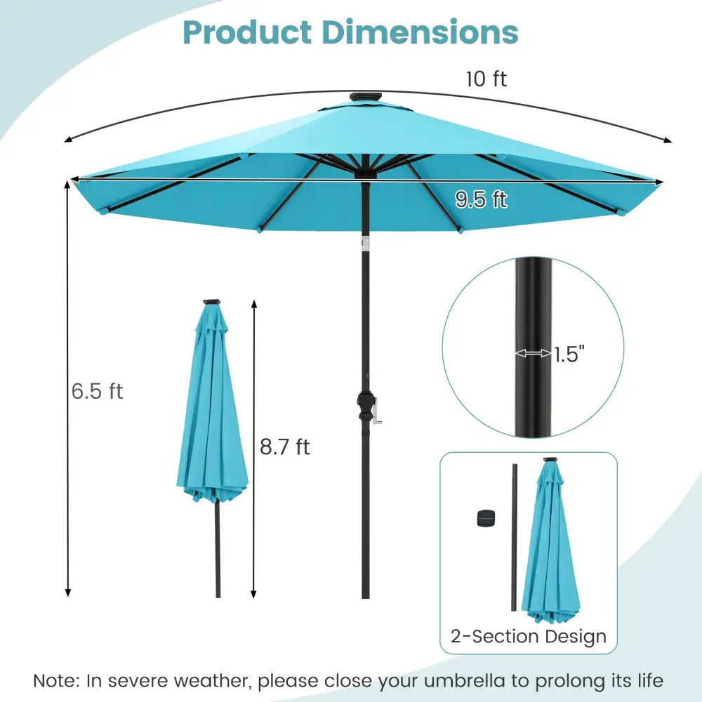 10 Feet Solar Patio Umbrella with 96 Multi-Colored Flowing LED Lights and Tilt Adjustment-Turquoise - Turquoise