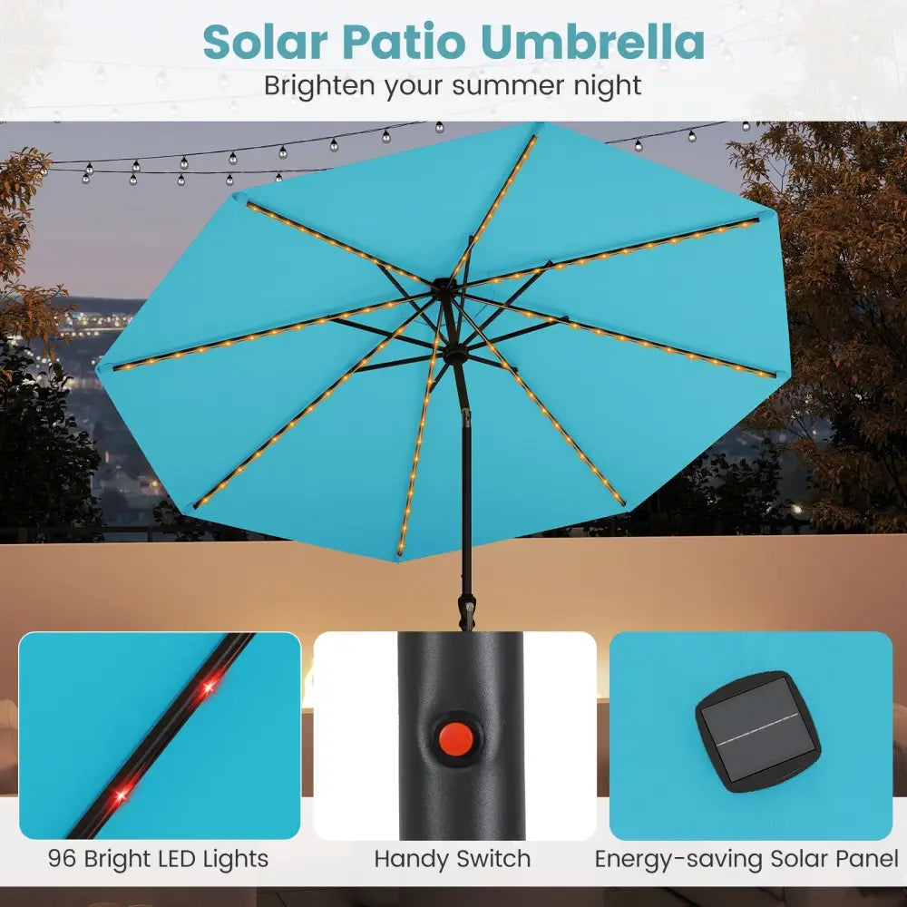 10 Feet Solar Patio Umbrella with 96 Multi-Colored Flowing LED Lights and Tilt Adjustment-Turquoise - Turquoise