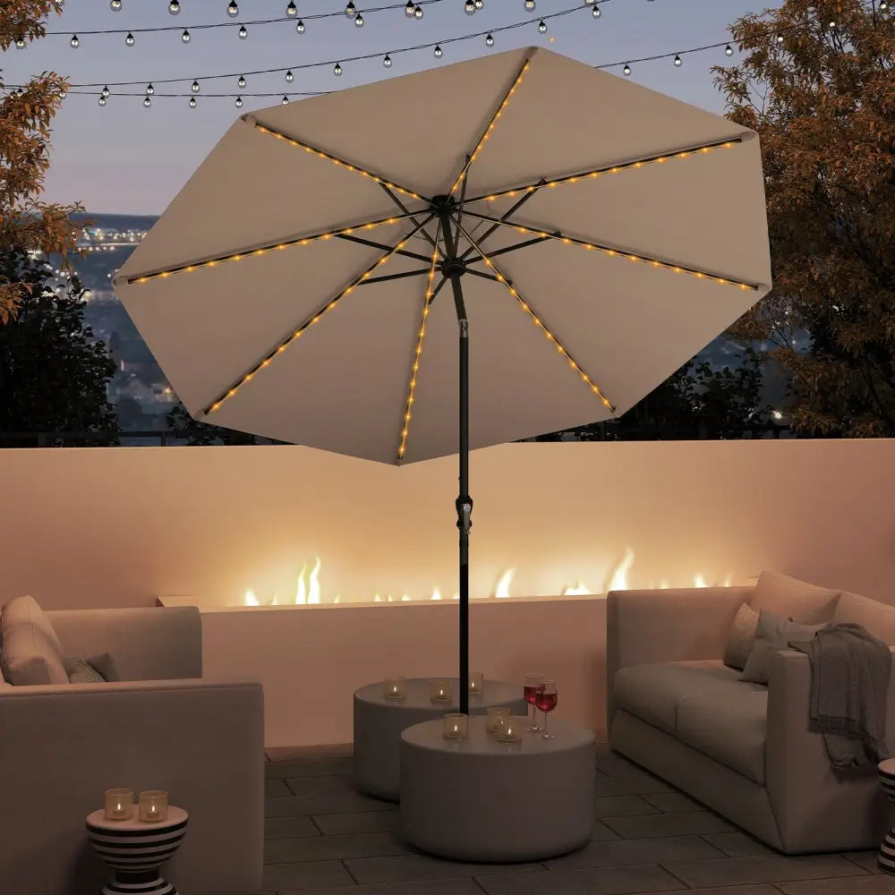10 Feet Solar Patio Umbrella with 96 Multi-Colored Flowing LED Lights and Tilt Adjustment-Coffee - Coffee - Outdoor